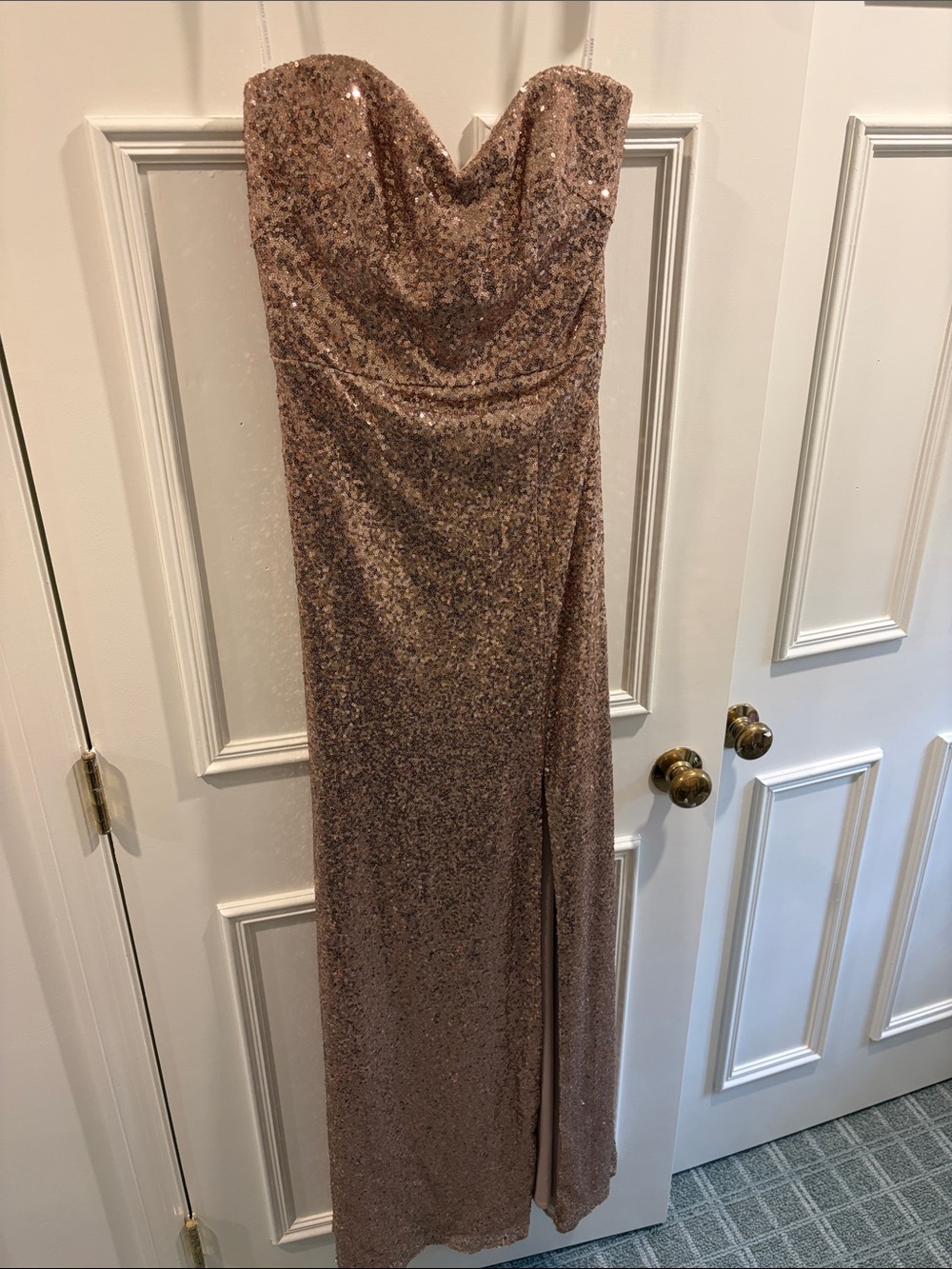 Dessy Collection Rose Gold Sequin Strapless Prom Dress